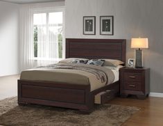 a bedroom scene with focus on the bed and nightstands