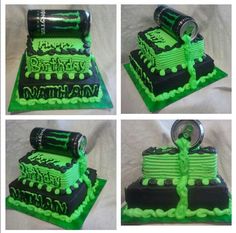 four pictures of a green and black cake with two cans on top, one has an open can