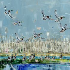 a painting of ducks flying over a body of water