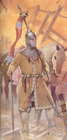 a painting of a man in armor standing next to a horse