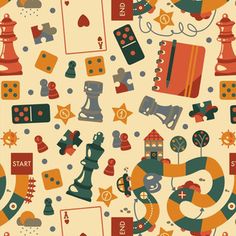 an image of a pattern with different things on it, including chess pieces and other items