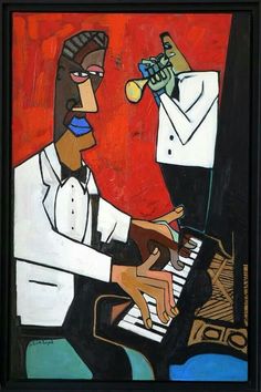 a painting of a man playing the piano with another man holding a trumpet in front of him