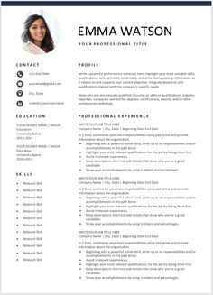 a professional resume template with an image of a woman in the center and a name on it