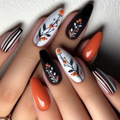 Autumn Nails October, Fall Nails Ideas September, Nail Art For September, Tropical Fall Nails, Mail Designs Fall, Black And White Fall Nails, Octoberfest Nails, Fun Nails Fall, Unique Fall Nail Designs