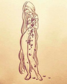 a drawing of a woman with long hair and flowers on her body, standing in front of a wall