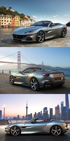 three different views of a silver sports car in front of a cityscape with the golden gate bridge