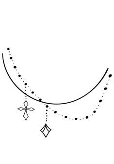 a black and white drawing of a crescent with ornaments hanging from it's sides