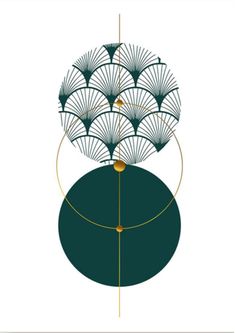 an art deco poster with two umbrellas on top of a green circular area and gold lines