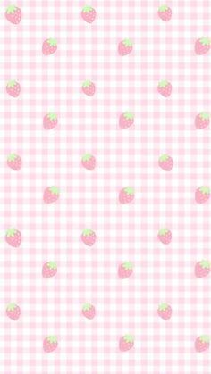 a pink and white checkered wallpaper with small strawberrys on the bottom half