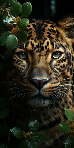 a close up of a leopard's face surrounded by leaves