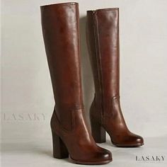 Lasaky - Side Zipper High Chunky Heel Fashion Boots Casual Wide Calf Heeled Boots With Zipper, Heel Boots For Women, Faux Leather Boots, Brown Heels, Winter Mode, Fashion High Heels, Tall Boots, High Heel Boots