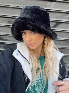 Fuzzy Bucket Hat Outfit, Concert Outfit Fall, Vampire Fashion, Fuzzy Bucket Hat, Fluffy Bucket Hat, Fur Bucket Hat, Plush Design, Black Bucket Hat, Wishlist 2024