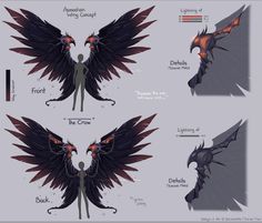 the concept art for an animated movie character's wings are shown in red and black