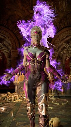 an image of a woman with purple hair standing in front of a large fire ball