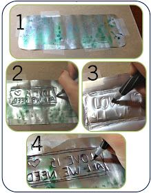 the instructions for how to make an aluminum stamp on a piece of paper with foil