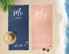 two beach towels with mr and mrs written on them next to a hat, starfish, and palm tree