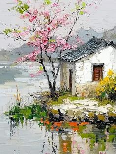 a painting of a house by the water with trees in bloom and flowers around it