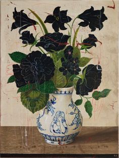 a painting of black flowers in a blue and white vase