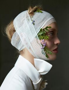 two pictures of a woman with flowers on her head