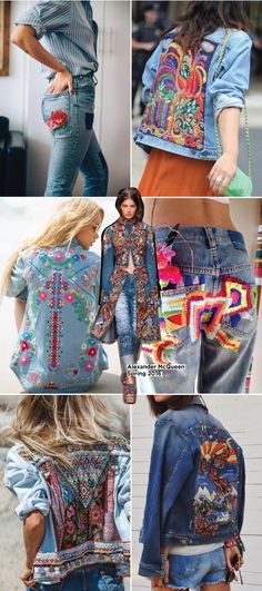 several pictures of different types of denim jackets and jeans with embroidered designs on them, including the