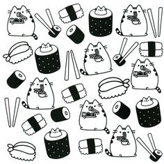 an image of sushi cat stickers in black and white