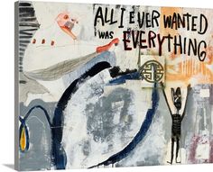 an abstract painting with words written on it and artwork in black, white, yellow and blue