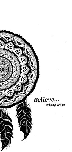 a black and white drawing of a feather with the words believe written on it's side