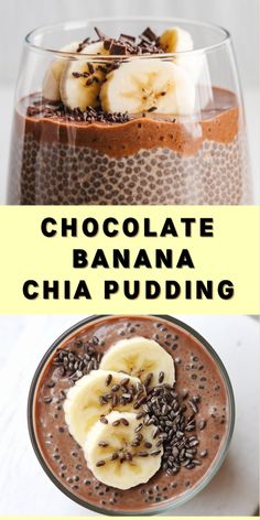 chocolate banana chia pudding in a glass bowl