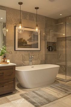 a bathroom with a bathtub, sink and shower in the middle of the room