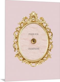 a pink and gold clock with the words press for champagne on it's face