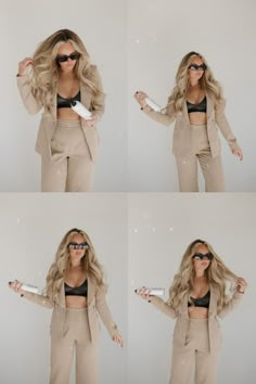 the woman is posing in her tan pantsuits and black bra top with sunglasses