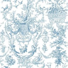 blue and white wallpaper with an ornate design