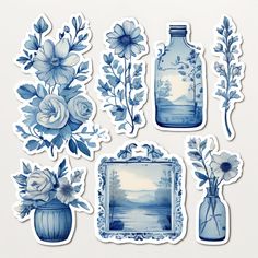 blue and white stickers with flowers in vases