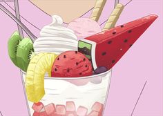 an ice cream sundae with fruit and strawberries in a cup on a pink background