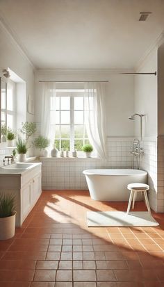 a white bath tub sitting under a window next to a sink in a room with tiled floors