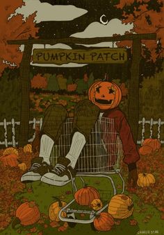 a person sitting on top of a shopping cart filled with pumpkins in front of a sign