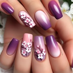 Japanese Inspired Nails, Cherry Blossom Nails Design, Cherry Blossom Nails Art, Blossom Nails, Purple Nail Art Designs, Cherry Blossom Nails, Unghie Nail Art, Purple Nail Art, Manicure Nail Designs