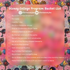 the disney college program bucket list is shown on a pink background with other items around it