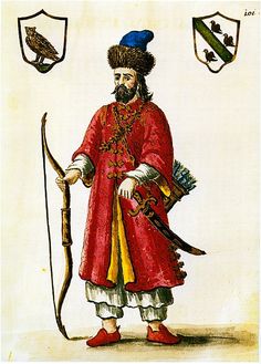 an illustration of a man in red with a bird on his shoulder, holding a bow and arrow