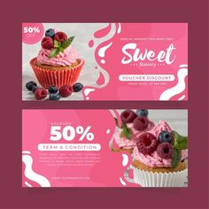 two pink banners with cupcakes and berries on them