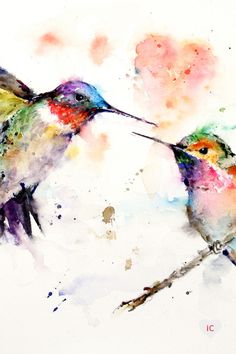 watercolor painting of two colorful hummingbirds