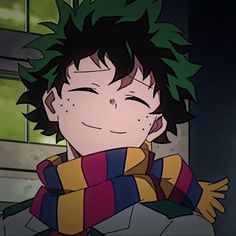 an anime character with his eyes closed and green hair, wearing a striped scarf in front of a window