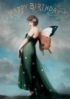 a painting of a woman in a green dress holding a butterfly on her shoulder with the words happy birthday written across it