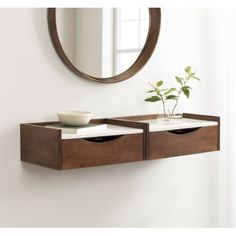 a mirror hanging on the wall above a shelf with two drawers and a plant in it