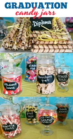 graduation candy jars are displayed on a table