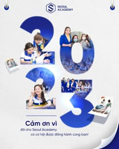 an advertisement for the school year showing students in blue uniforms and numbers on white background