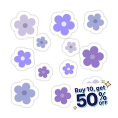 purple and blue flower stickers are on the back of a white background with stars