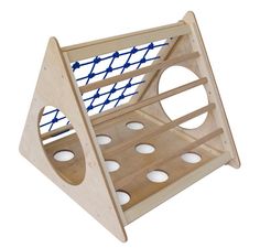 a wooden rack with holes and blue stringing on the top is shown in front of a white background