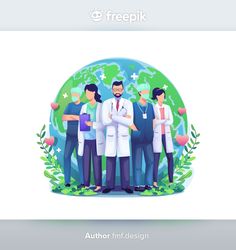 three people standing in front of a globe with the words freepik on it