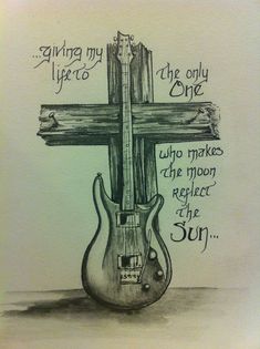 a drawing of a cross with a guitar on it